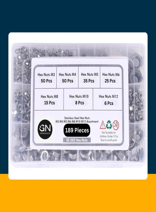Generasis - Stainless Steel SS304 Hexaganol Nuts M3 M4 M5 M6 M8 M10 M12 (Small Assortment Kit, 189 Pieces) - Image 2